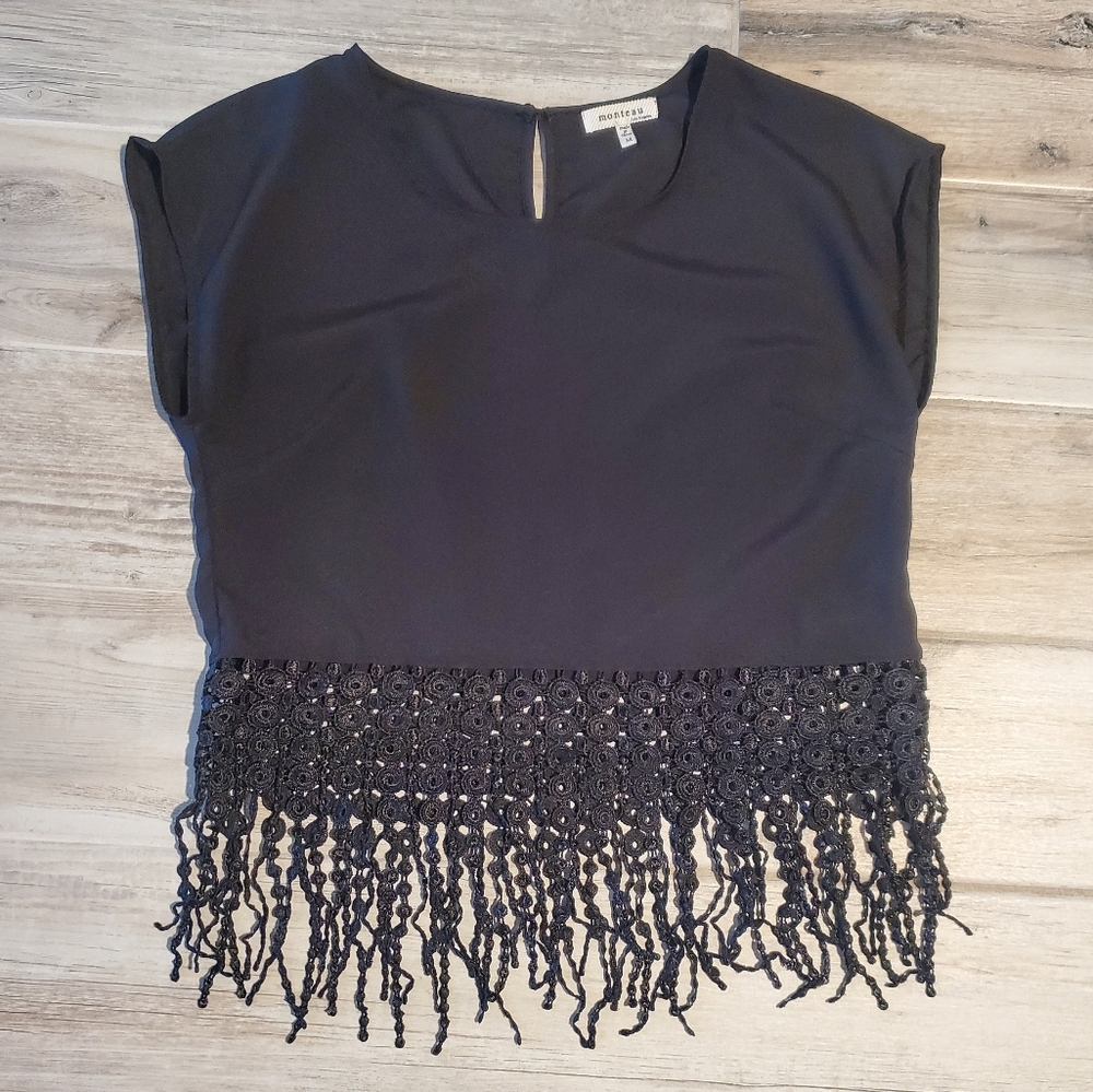 Monteau Women's Black Fringe Embellishment Crew Neck Top Short Sleeve  Medium
